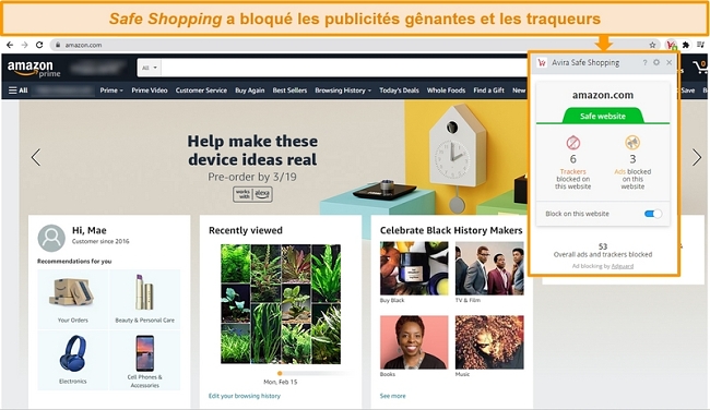 Capture d'&eacute;cran de l'extension de navigateur Safe Shopping d'Avira sur Google Chrome.