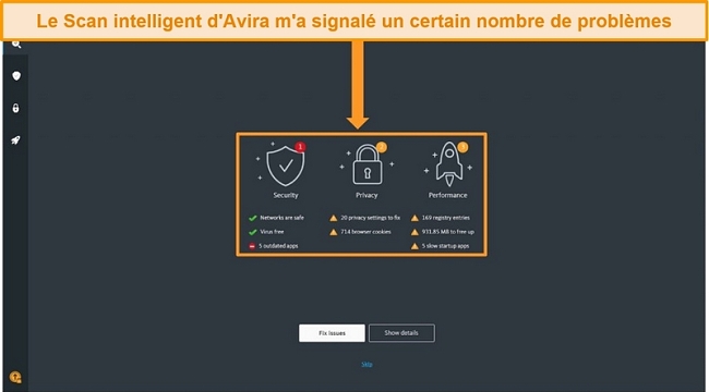 Capture d'&eacute;cran de la page de r&eacute;sultats d'Avira Antivirus Smart Scan.