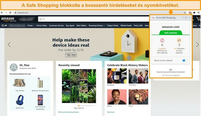 Pillanatk&eacute;p az Avira Safe Shopping b&ouml;ng&eacute;szőbőv&iacute;tm&eacute;ny&eacute;ről a Google Chrome-on.