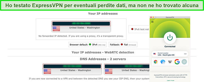 Screenshot di ExpressVPN che ha superato correttamente un test di perdita IP, WebRTC e DNS mentre &egrave; connesso a un server negli Stati Uniti