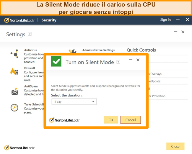 Screenshot della modalit&agrave; silenziosa di Norton attivata.