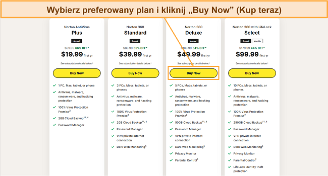 Zrzut ekranu pokazujący, jak wybrać jeden z plan&oacute;w Nortona