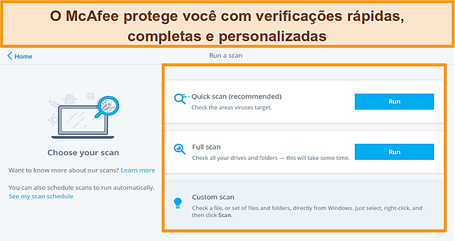 Captura de tela do aplicativo antiv&iacute;rus McAfee com op&ccedil;&otilde;es de verifica&ccedil;&atilde;o r&aacute;pida, completa e personalizada.
