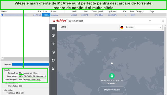 Captură de ecran a McAfee VPN conectat la un server german &icirc;n timp ce descărcați un fișier torrent de 35 GB.