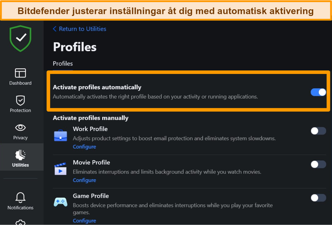 Sk&auml;rmdump av Bitdefenders profilinst&auml;llningar med automatisk aktivering markerad.