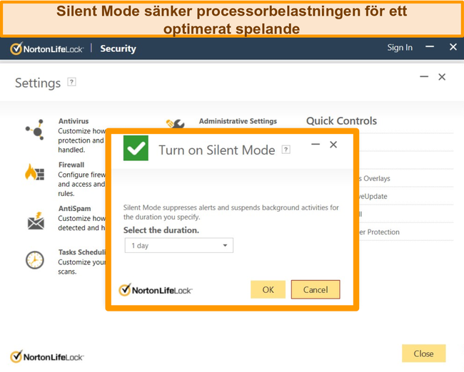 Sk&auml;rmdump av Nortons tysta l&auml;ge aktiveras.