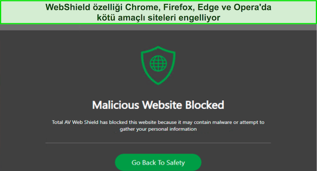 K&ouml;t&uuml; ama&ccedil;lı bir test web sitesine erişimi engellemek i&ccedil;in &ccedil;alışan TotalAV WebShield'ın ekran g&ouml;r&uuml;nt&uuml;s&uuml;