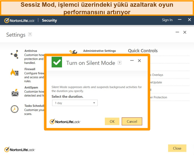Norton'un Sessiz Modunun ekran g&ouml;r&uuml;nt&uuml;s&uuml; a&ccedil;ık.