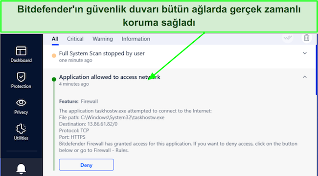 Bitdefender g&uuml;venlik duvarı uyarısının ekran g&ouml;r&uuml;nt&uuml;s&uuml;