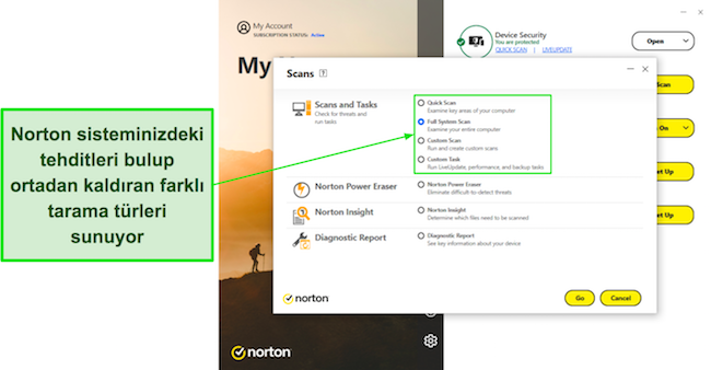 Norton'un vir&uuml;s tarama se&ccedil;eneklerinin ekran g&ouml;r&uuml;nt&uuml;s&uuml;