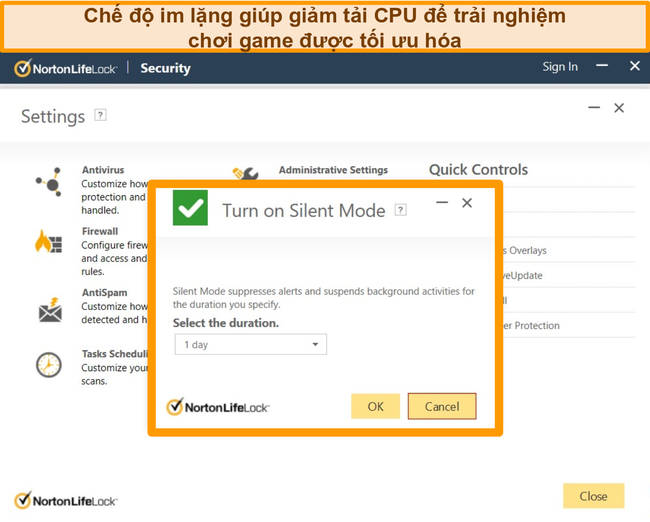 Ảnh chụp m&agrave;n h&igrave;nh Chế độ im lặng của Norton đang được bật.
