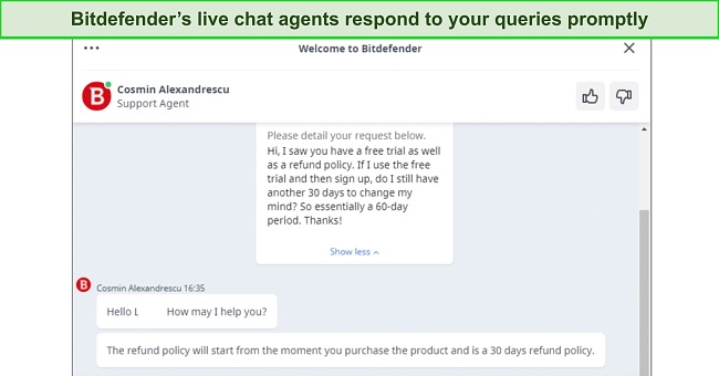 Screenshot of Bitdefender's live chat support