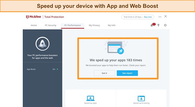 Screenshot of McAfee's App and Web Boost feature