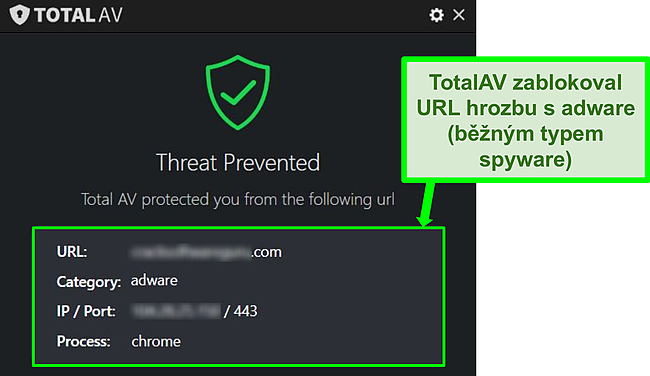 Screenshot zobrazuj&iacute;c&iacute; TotalAV blokuj&iacute;c&iacute; &scaron;kodlivou URL hostuj&iacute;c&iacute; adware.
