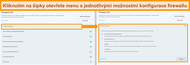 Screenshot z možnost&iacute; br&aacute;ny firewall společnosti McAfee.