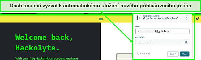 Sn&iacute;mek obrazovky s použ&iacute;vanou funkc&iacute; automatick&eacute;ho ukl&aacute;d&aacute;n&iacute; Dashlane.