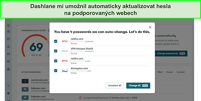 Sn&iacute;mek obrazovky automatick&eacute;ho měniče hesel Dashlane.
