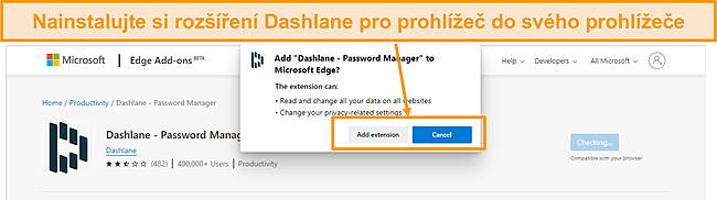 Sn&iacute;mek obrazovky instalace roz&scaron;&iacute;řen&iacute; prohl&iacute;žeče Dashlane.