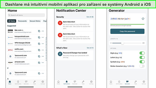 Sn&iacute;mek obrazovky rozhran&iacute; mobiln&iacute; aplikace Dashlane.