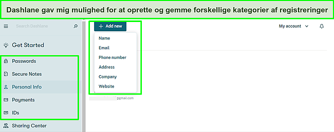 Sk&aelig;rmbillede af tilf&oslash;jelse af personlige optegnelser til min Dashlane-boks.