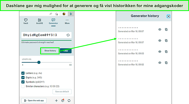 Sk&aelig;rmbillede af Generering af adgangskoder med Dashlane.