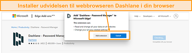 Sk&aelig;rmbillede af installation af Dashlane browserudvidelse.