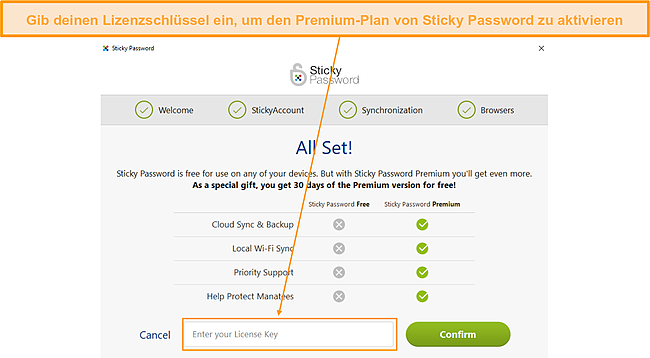 Eingabe des Sticky Password-Lizenzschl&uuml;ssels.
