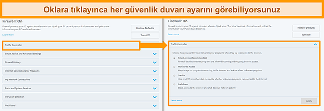 McAfee'nin g&uuml;venlik duvarı se&ccedil;eneklerinin ekran g&ouml;r&uuml;nt&uuml;s&uuml;.