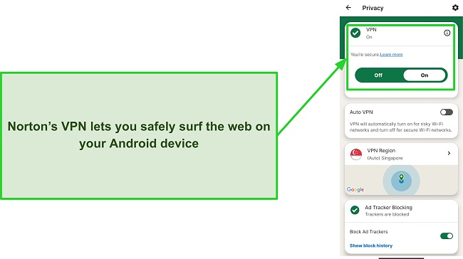 Screenshot of Norton Mobile Security's VPN while connected