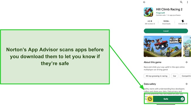 Screenshot of Norton's App Advisor highlighting that an app is safe