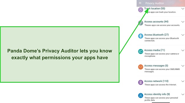 Screenshot of the Panda Dome Privacy Audit feature, acclaimed as one of the best Android antiviruses.