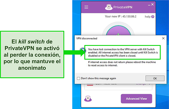 Captura de pantalla del cuadro de di&aacute;logo del interruptor de eliminaci&oacute;n de Internet de VPN privada.