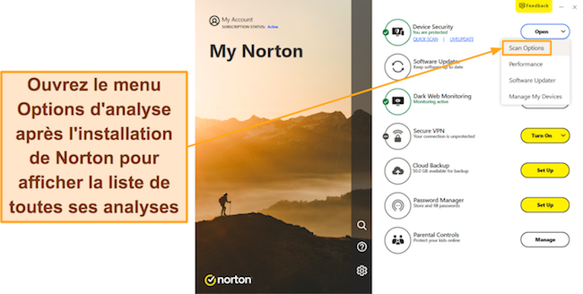 Capture d'&eacute;cran montrant comment acc&eacute;der au menu des options d'analyse de Norton