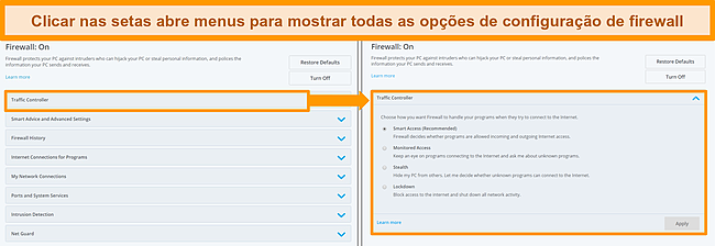 Captura de tela das op&ccedil;&otilde;es de firewall da McAfee.