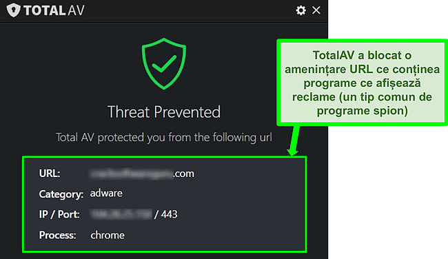 Captură de ecran care arată TotalAV bloc&acirc;nd un adware URL care găzduiește adware.