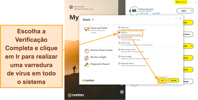 Captură de ecran care arată cum să porniți Scanarea completă a Norton