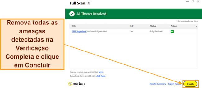 Captură de ecran care arată cum să finalizați scanarea completă a Norton