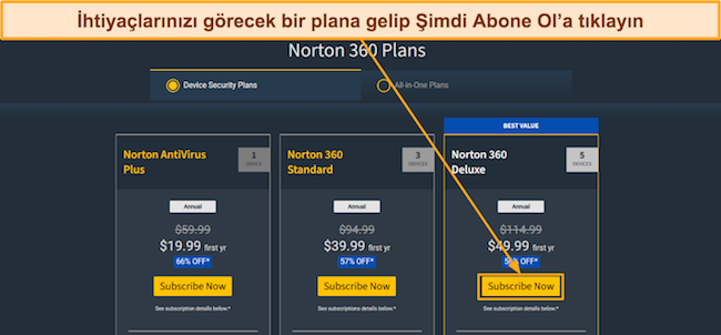 Norton'un fiyat planlarının ekran g&ouml;r&uuml;nt&uuml;s&uuml;