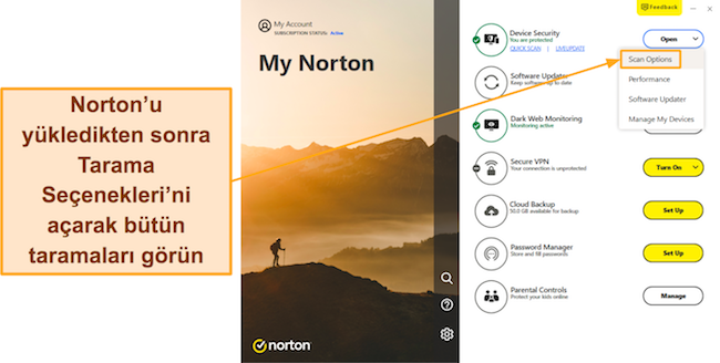 Norton'un Tarama Se&ccedil;enekleri Men&uuml;s&uuml;ne nasıl erişileceğini g&ouml;steren ekran g&ouml;r&uuml;nt&uuml;s&uuml;