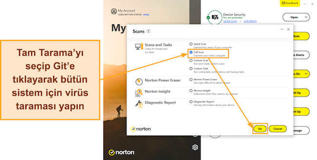 Norton'un Tam Taramasının nasıl başlatılacağını g&ouml;steren ekran g&ouml;r&uuml;nt&uuml;s&uuml;