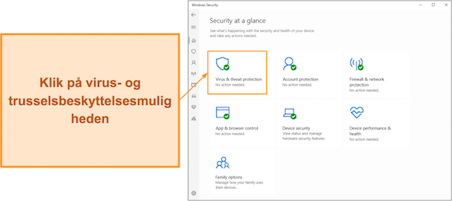 Sk&aelig;rmbillede, der viser, hvordan du &aring;bner Microsoft Defenders Virus- og trusselbeskyttelsesmenu