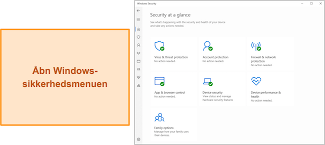 Sk&aelig;rmbillede af hovedmenuen i Windows Sikkerhed