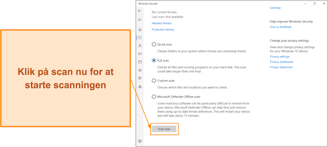 Sk&aelig;rmbillede, der viser, hvordan man starter en scanning med Microsoft Defender