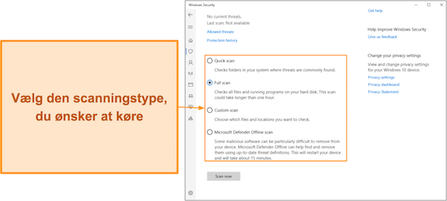Sk&aelig;rmbillede af Microsoft Defenders forskellige tilg&aelig;ngelige scanningstyper