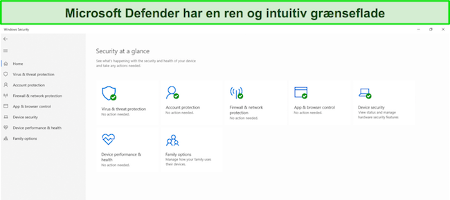 Sk&aelig;rmbillede af Microsoft Defenders hovedmenu