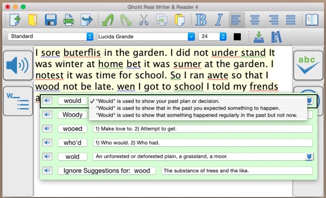 Screenshots from the Ghotit Real Writer App