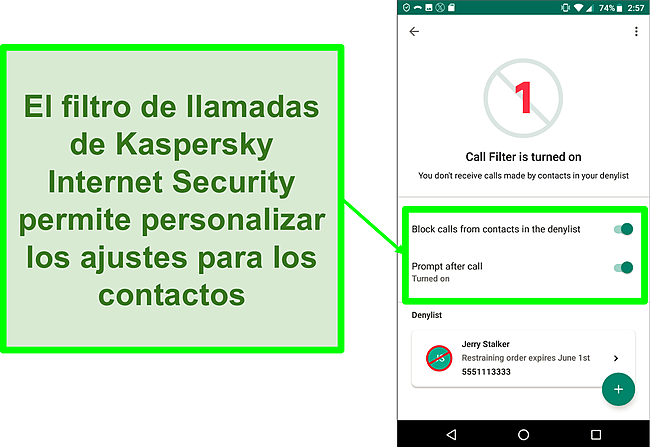 Captura de pantalla de la funci&oacute;n Filtro de llamadas de Kaspersky Internet Security en un dispositivo m&oacute;vil Android