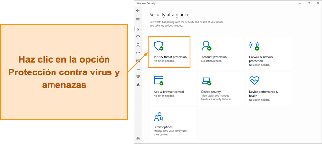 Captura de pantalla que muestra c&oacute;mo abrir el men&uacute; de protecci&oacute;n contra virus y amenazas de Microsoft Defender