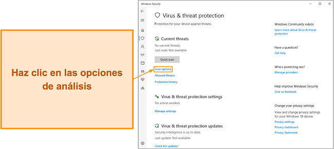 Captura de pantalla que muestra c&oacute;mo acceder a las opciones de an&aacute;lisis de Microsoft Defender