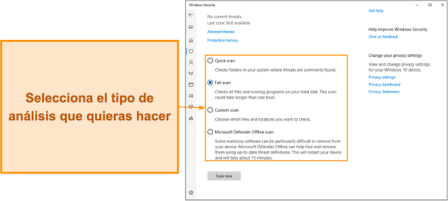 Captura de pantalla de los diversos tipos de an&aacute;lisis disponibles de Microsoft Defender
